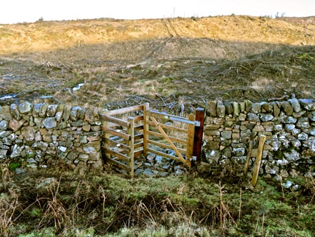 Gate at the watershed in the valley between Bengairn and Mid Hill