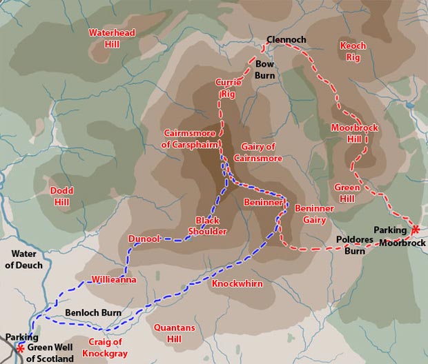 Map of a circular hill walking route from Green Well of Scotland by Water of Deuch, over Willieanna and Dunool to Cairnsmore of Carsphairn then back by Beninner, Knockwhirn and the Benloch Burn