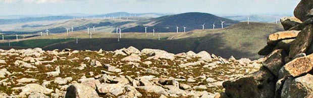View from Cairnsmore of Carsphairn over Windy Standard with its windmills