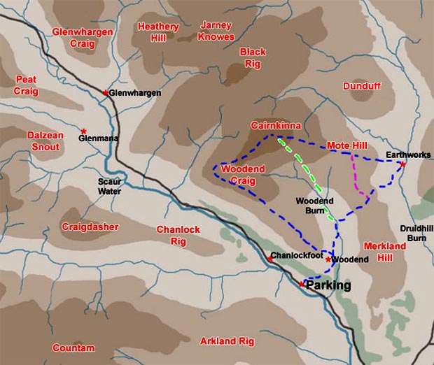 Map of a short circular hill walking route from the Scaur Water near Woodend over Woodend Craig to Cairnkinna, returning by Mote Hill and the earthwork on Druidhill Burn