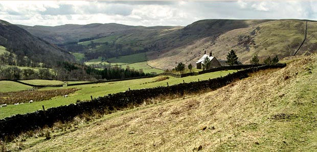 View looking back past Woodhead cottage into the Scaur valley