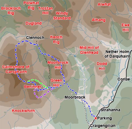 Map of a circular hill walk from Water of Ken over Beninner, Cairnsmore of Carsphairn and Moorbrock