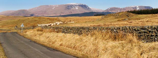 View of Beninner, Cairnsmore of Carsphairn and Beninner from the B729 Moniaive to Carsphairn road