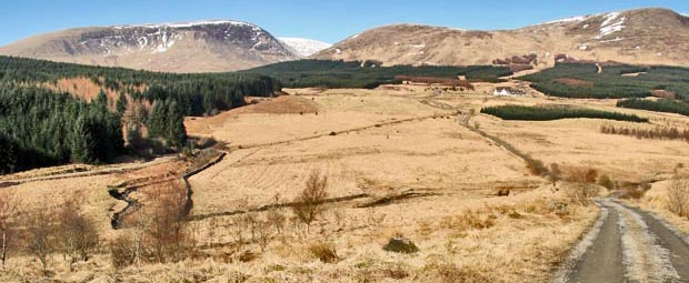 View of Beninner, Cairnsmore of Carsphairn and Moorbrock Hill from the road to Moorbrock house from Water of Ken