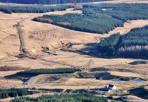 Moorbrock house and the route to where the car is parked by Water of Ken